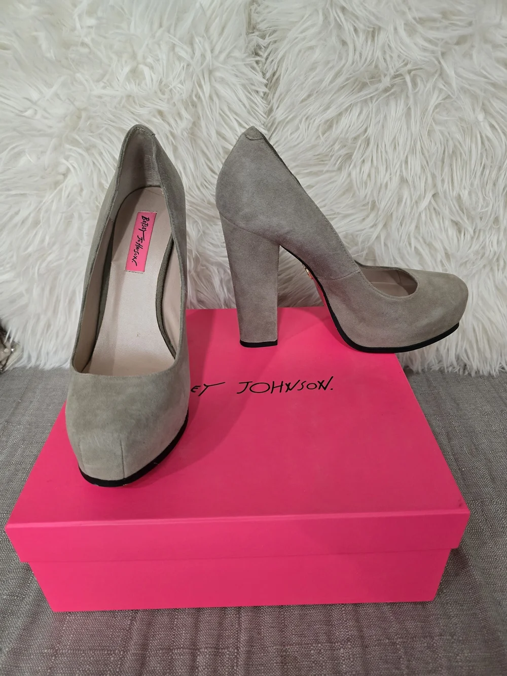 Betsey Johnson Gray Suede Platform Block Heel Pumps